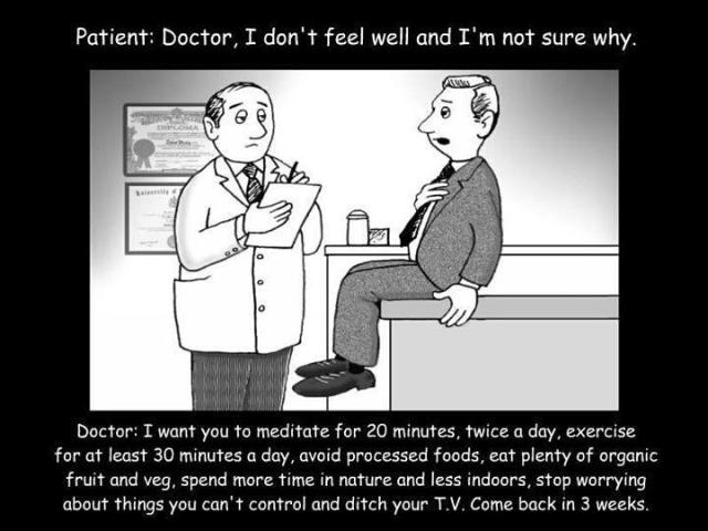 cartoon-feel-well-doctor-meditate-exercise-processed-foods-organic-fruit-veg-nature-worry-tv-control